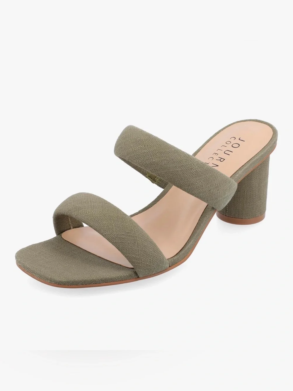 Journee Collection Olive Green Linen Puff Double-Strap Round Block Heel